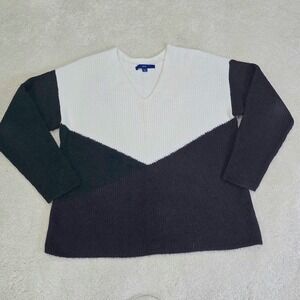 APT 9 Womens V Neck Color Block Knit Sweater Pullover Size L Black Purple Cream